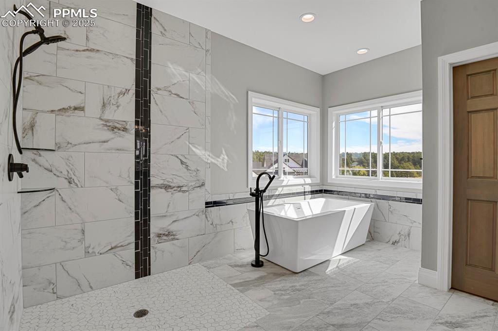 Image 18 of 44: Luxury tub and free-standing shower (glass walls and door for the shower ar