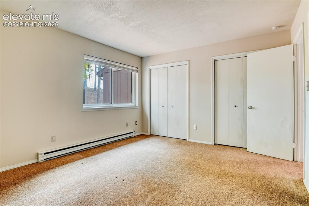 Image 30 of 50: Window with exterior scenery, two bi-fold door closets, and wall-to-wall ca