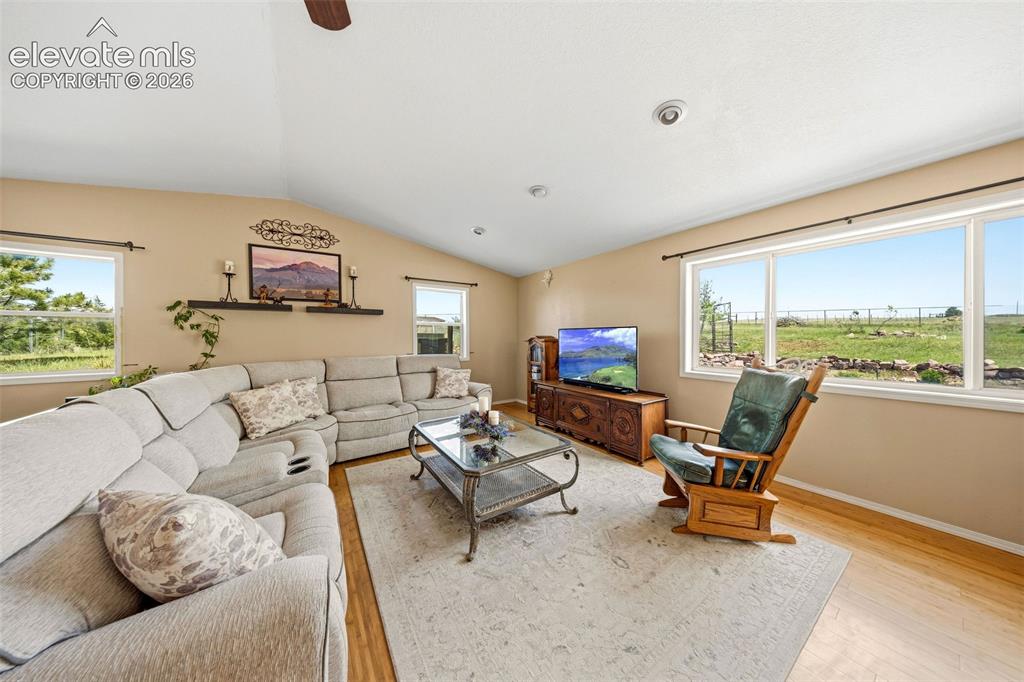 Image 13 of 40: Spacious living area featuring a vaulted ceiling and wood-finish flooring