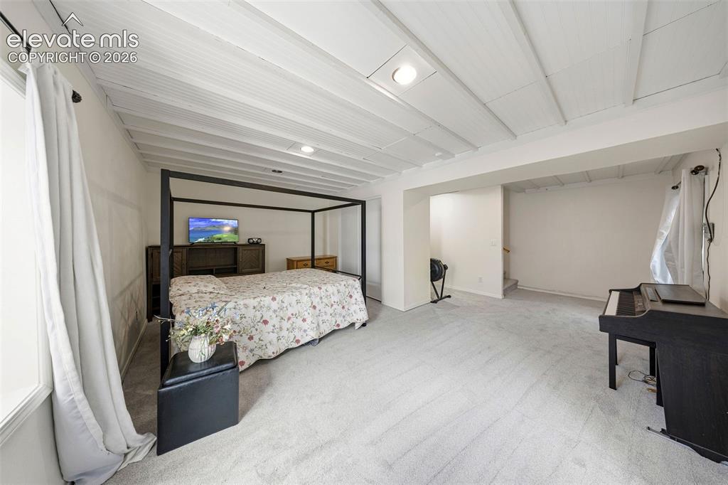Image 19 of 40: Spacious basement bedroom featuring new light-toned carpeting and a white p