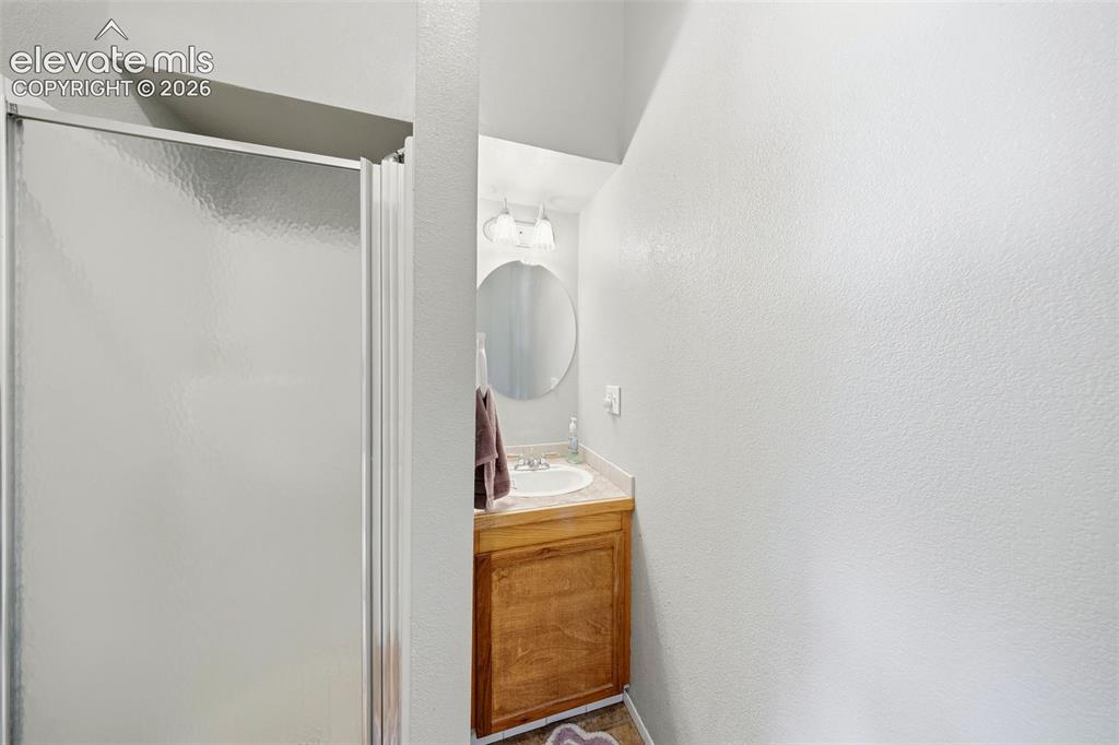 Image 22 of 40: Frosted glass shower enclosure, single vanity with light wood-finish cabine
