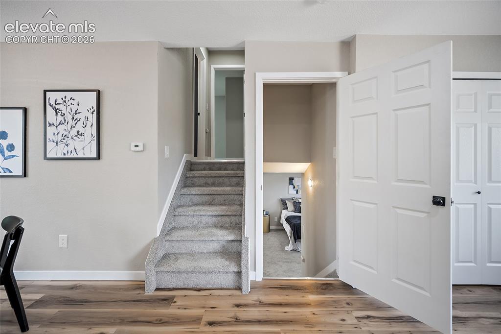 Image 23 of 49: Hardwood-finish flooring, carpeted staircase, paneled interior doors, and n