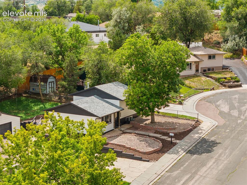 Image 48 of 49: Paved driveway leading to a residence with a gray shingle roof and light-co