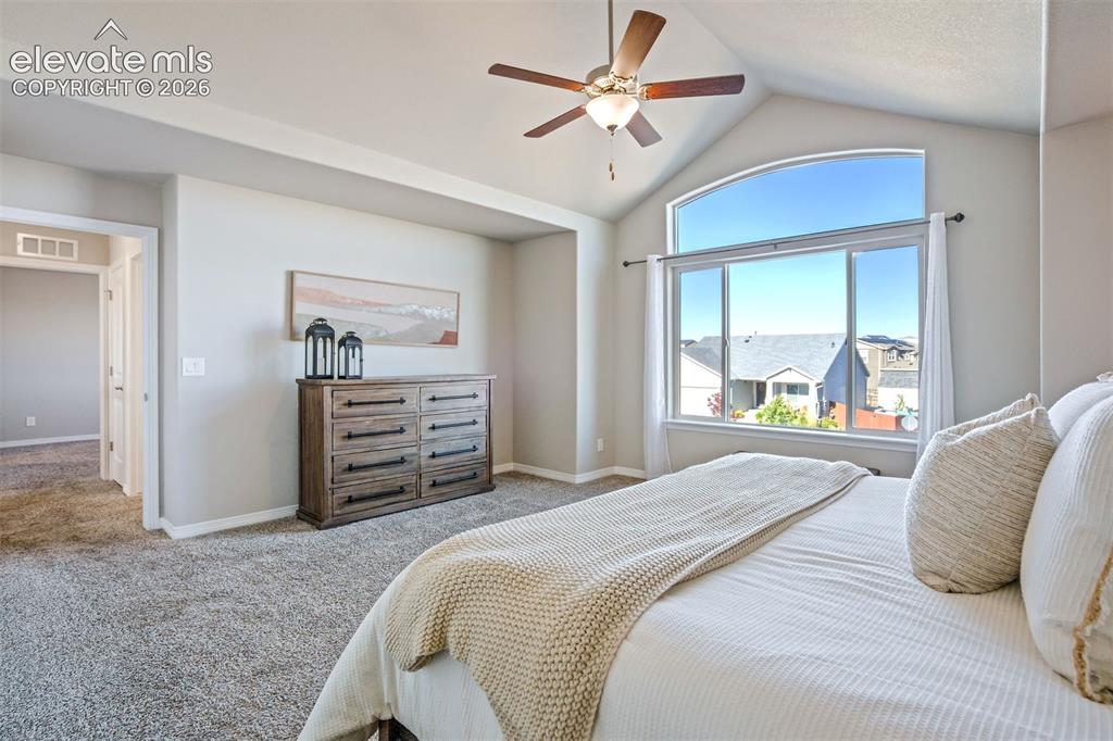 Image 23 of 47: Vaulted ceiling featuring a ceiling fan, carpeted flooring, and a multi-pan