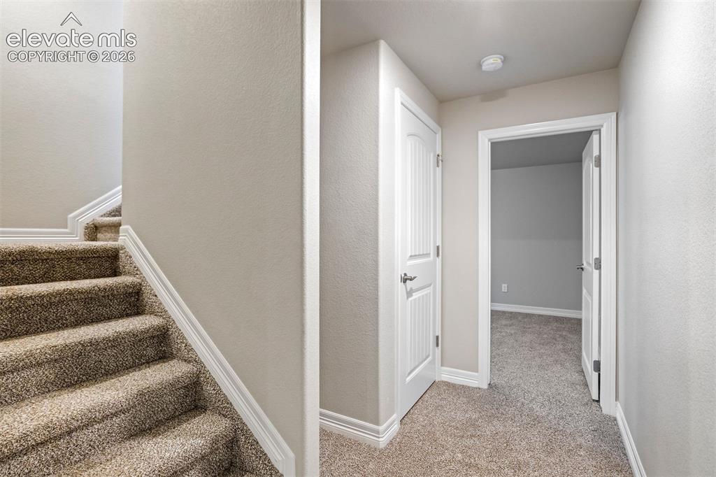 Image 38 of 47: Carpeted staircase with white trim, leading to a hallway featuring neutral-