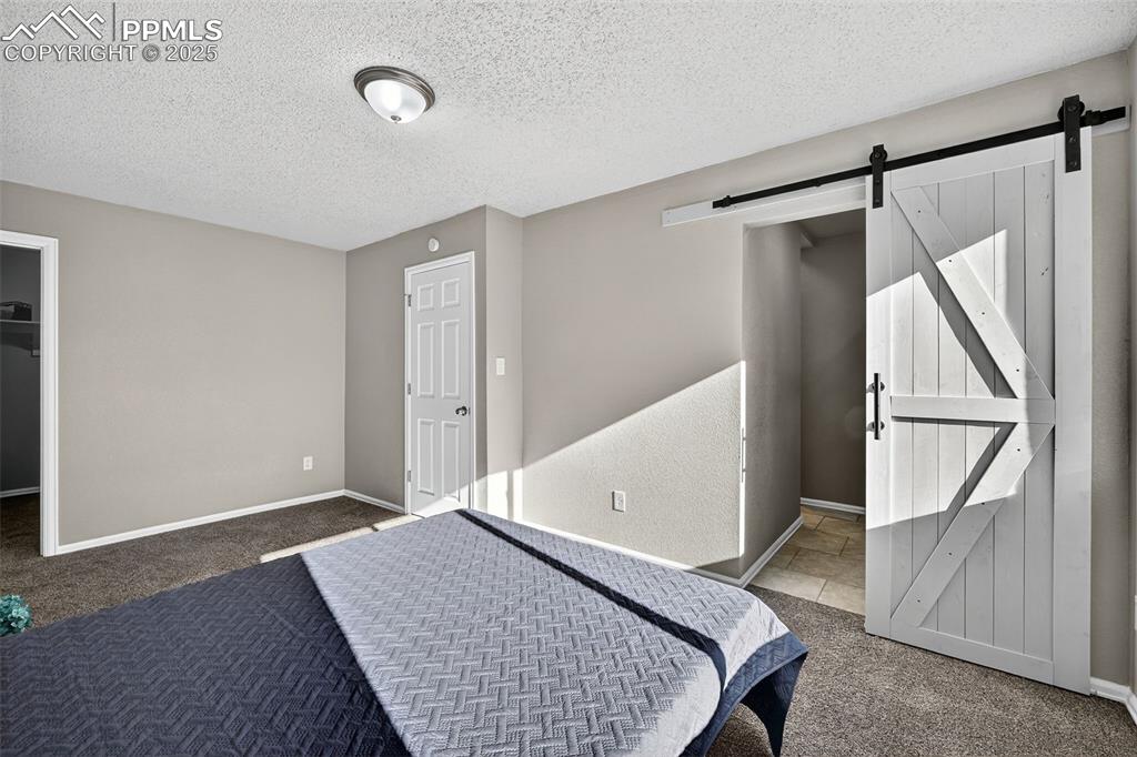 Image 17 of 46: The barn door entrance into the private master bathroom. 