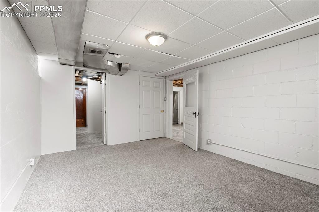 Image 5 of 21: Finished below grade area featuring concrete block wall, carpet, and a pane