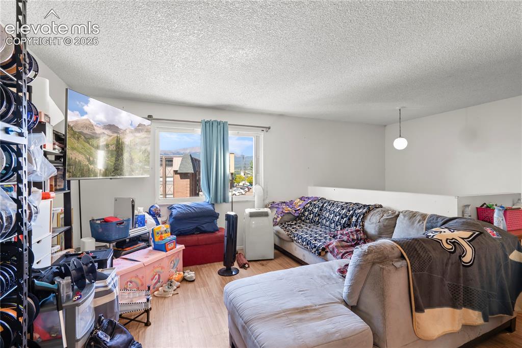 Image 22 of 32: Living area featuring wood-finish flooring, white walls, and a textured whi