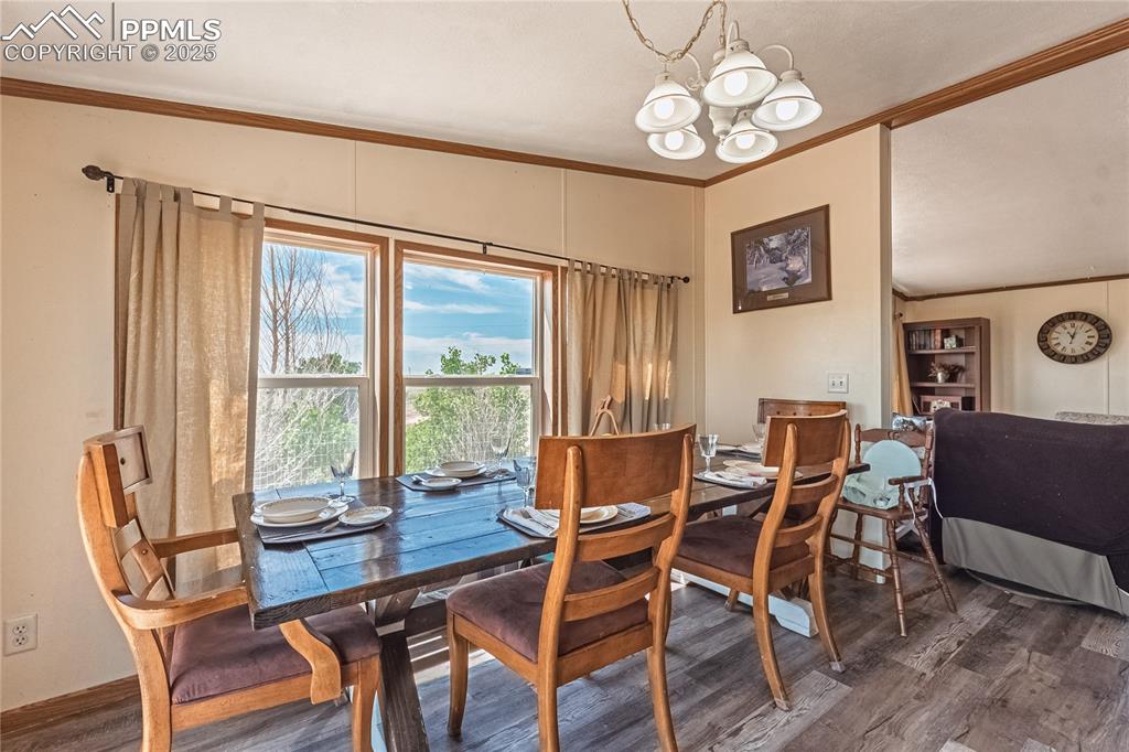 Image 11 of 48: Dining room featuring ornamental molding, dark wood-type flooring, and a ch