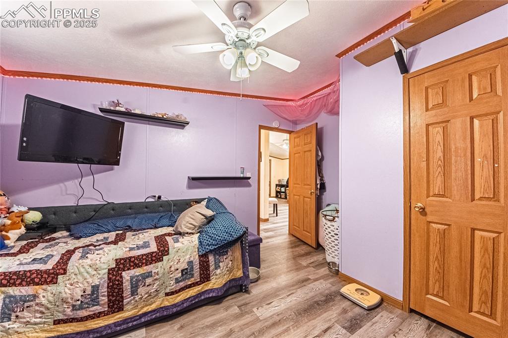 Image 25 of 48: Bedroom featuring light wood finished floors, ceiling fan, and ornamental m