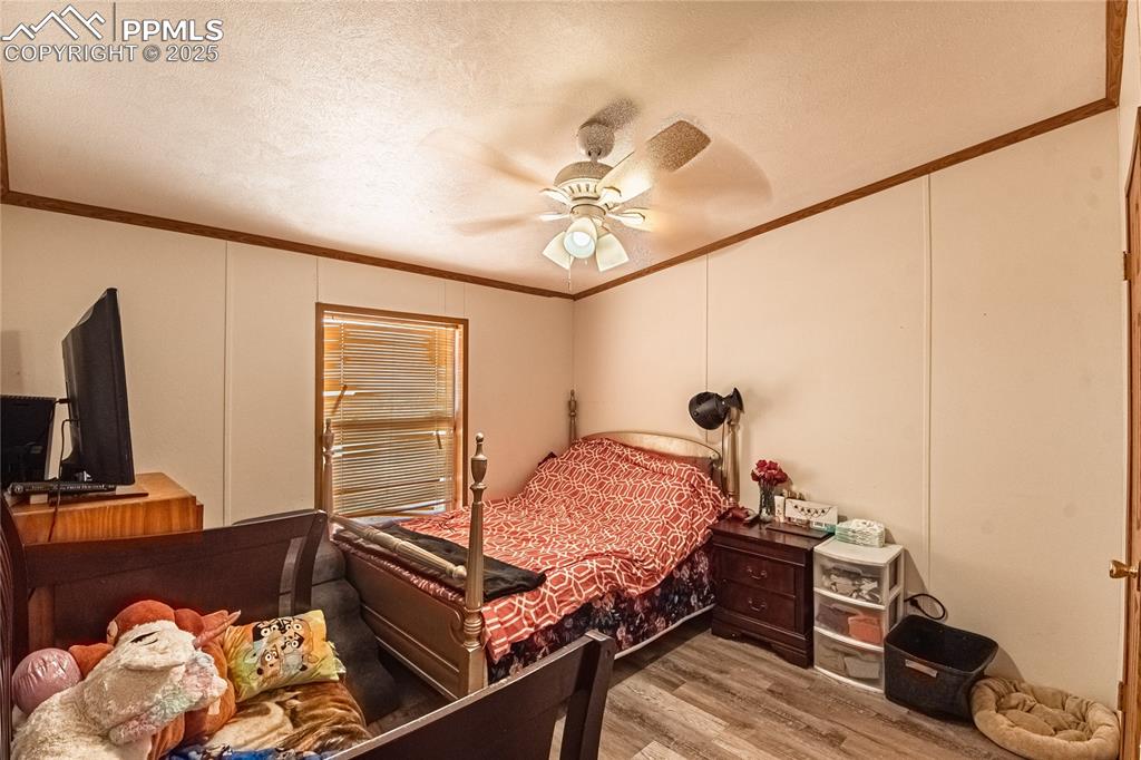 Image 26 of 48: Bedroom featuring crown molding, light wood finished floors, ceiling fan, a