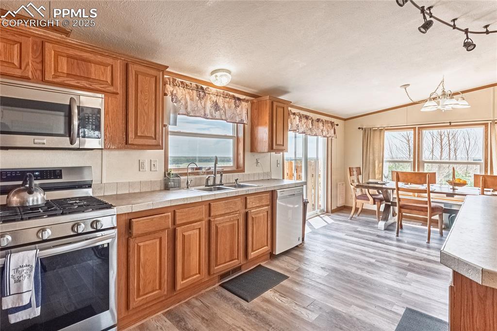 Image 6 of 48: Kitchen with appliances with stainless steel finishes, lofted ceiling, ligh