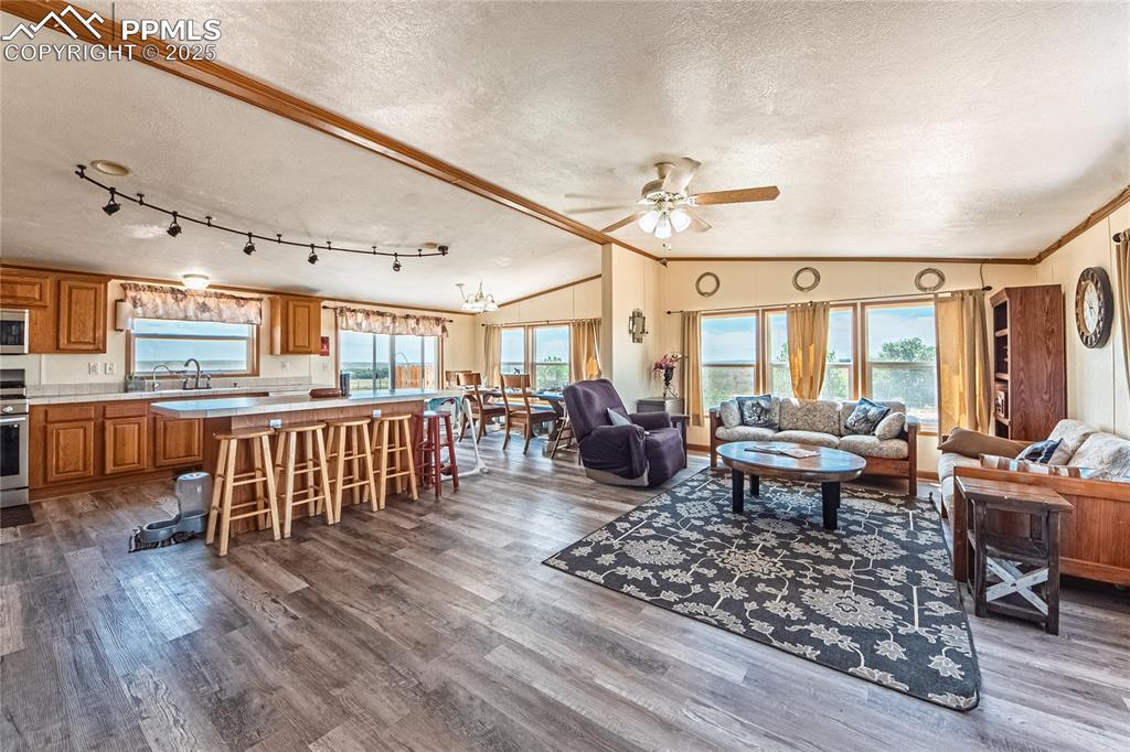 Image 8 of 48: Living room with a textured ceiling, vaulted ceiling, a ceiling fan, dark w
