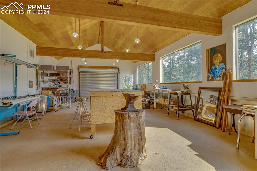 Image 39 of 47: Misc room featuring plenty of natural light, wooden ceiling, and vaulted ce