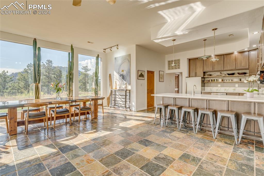 Image 7 of 47: Dining room featuring sink, ceiling fan, rail lighting, and dark tile floor
