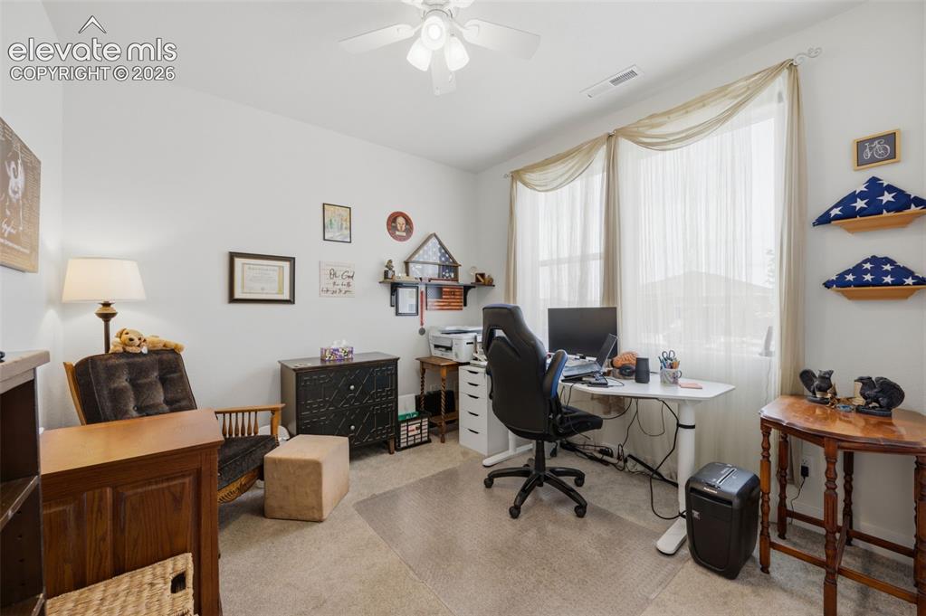 Image 13 of 25: Bright room featuring a ceiling fan with light fixture, neutral wall paint,