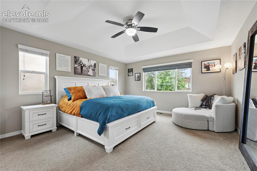 Image 26 of 48: The primary suite is a lovely space with a canted tray ceiling and plenty o