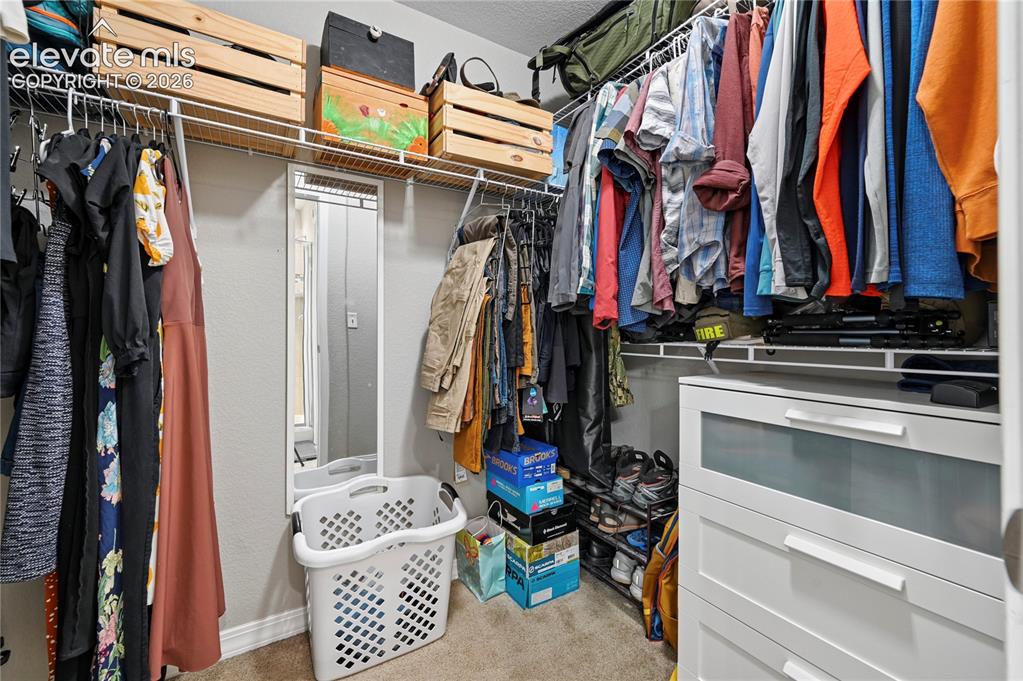 Image 32 of 48: The walk-in closet for the primary suite extends behind the door to the lef