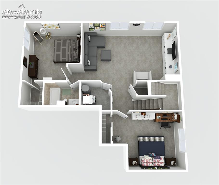 Image 43 of 48: 3-D rendering of the basement floorplan.