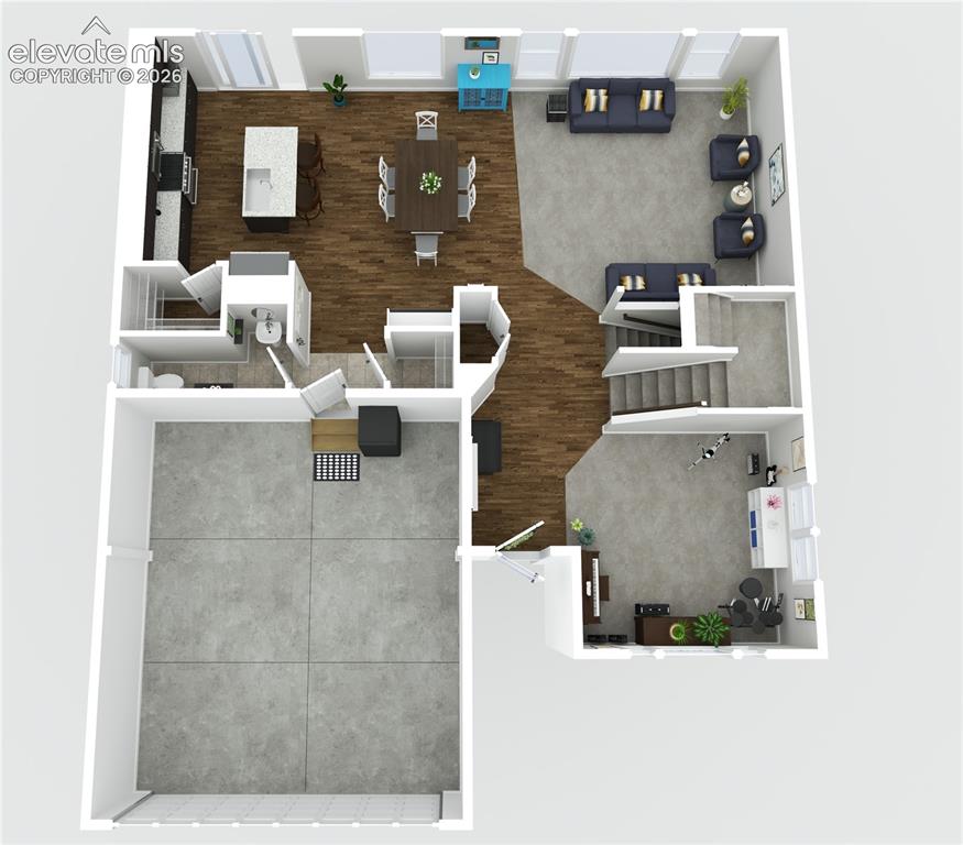 Image 44 of 48: 3-D rendering of the main level floorplan and the garage.