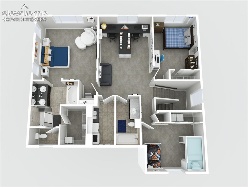 Image 45 of 48: 3-D rendering of the upstairs floorplan with 3 bedrooms and a loft.