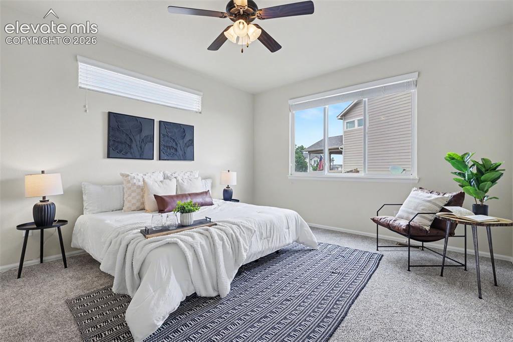 Image 19 of 39: Carpeted bedroom featuring a large window, a transom window, a ceiling fan