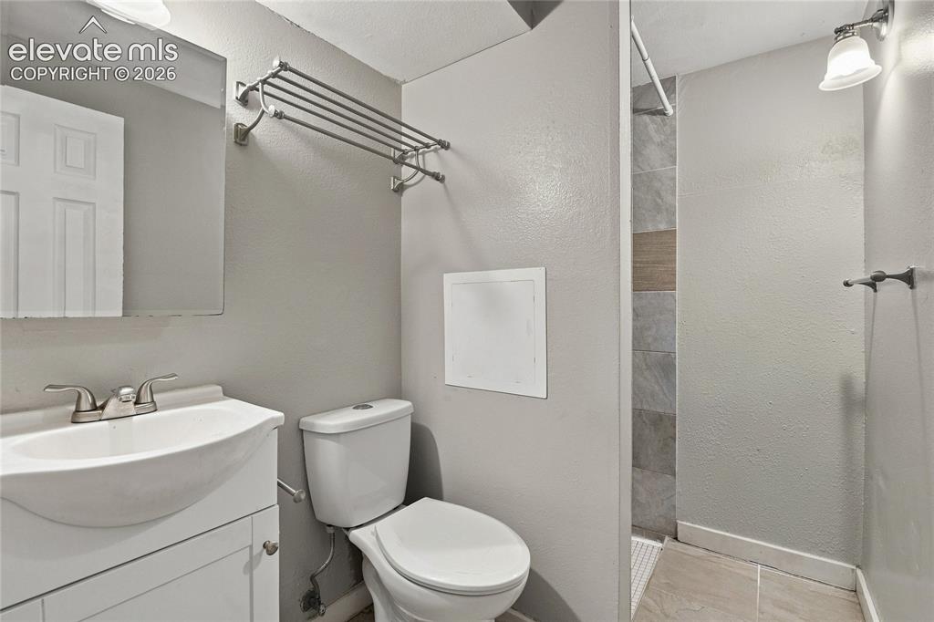 Image 28 of 34: Basement bathroom featuring a curved pedestal sink with chrome faucet and v