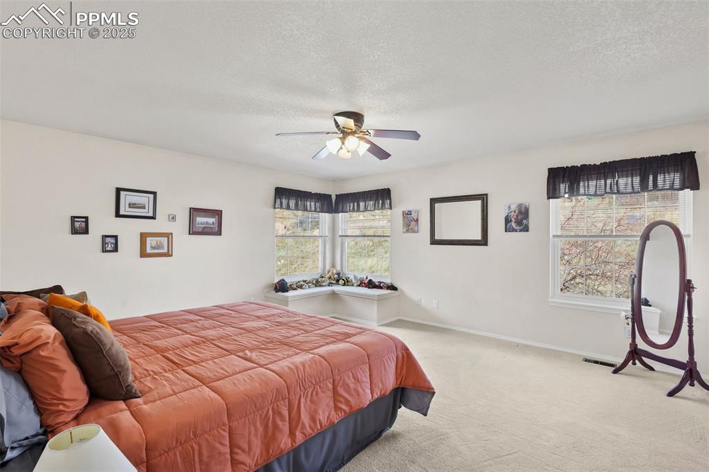 Image 22 of 49: Carpeted bedroom featuring a textured ceiling, multiple windows, and a ceil