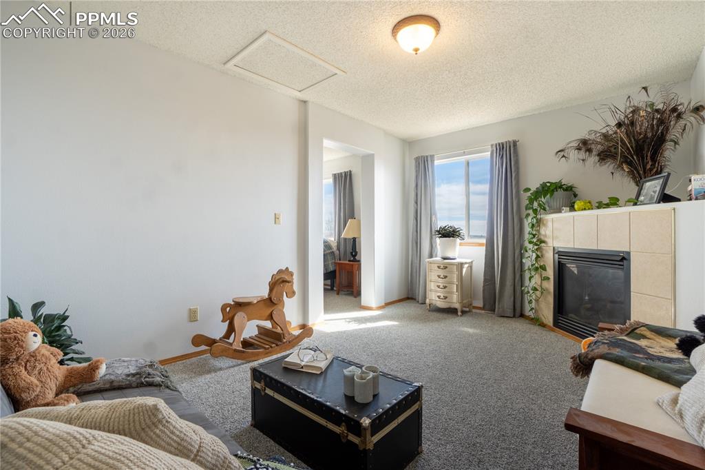 Image 19 of 40: Carpeted living area with a tile fireplace and a textured ceiling
