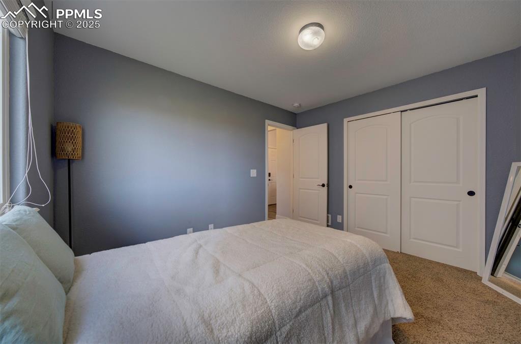 Image 25 of 45: Bedroom with carpet flooring, window and closet.