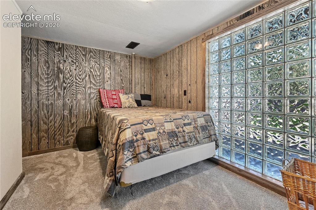 Image 15 of 50: Textured wood paneling, glass block window, and plush carpeting