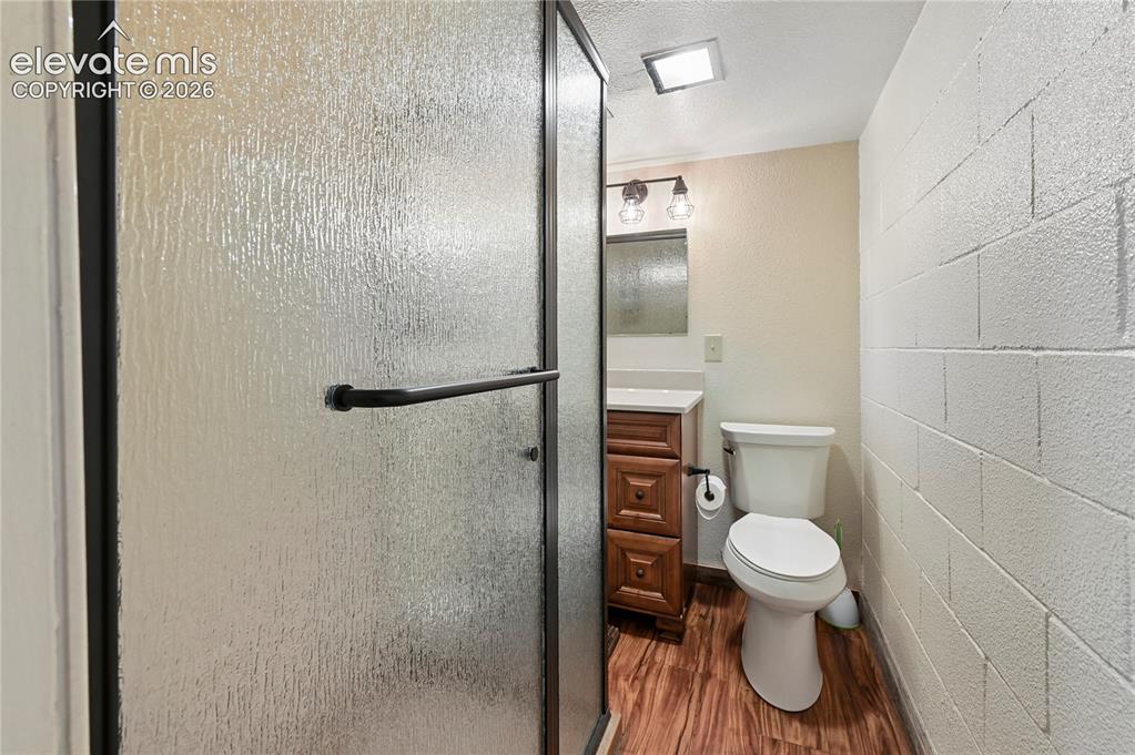 Image 19 of 50: Frosted glass shower enclosure, wood-finish flooring, vanity with wood-fini