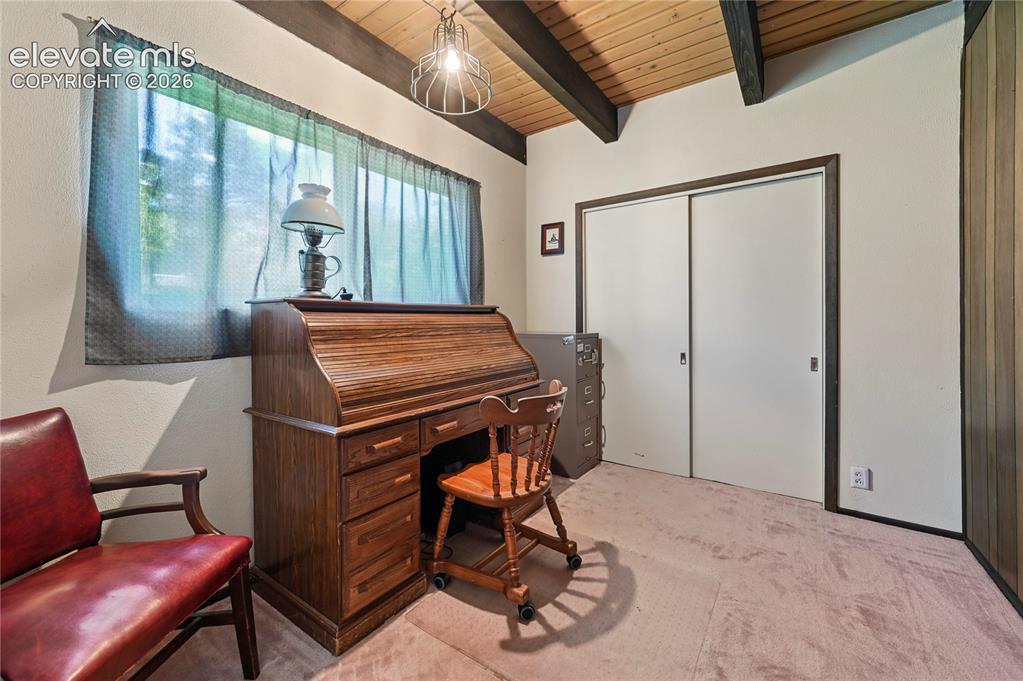 Image 23 of 50: Vaulted wood-paneled ceiling with exposed beams