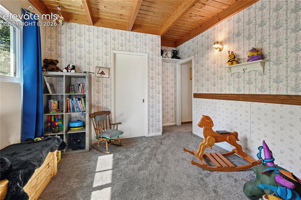Image 32 of 50: Vaulted wood-paneled ceiling, wall-to-wall carpeting, and a built-in wall s