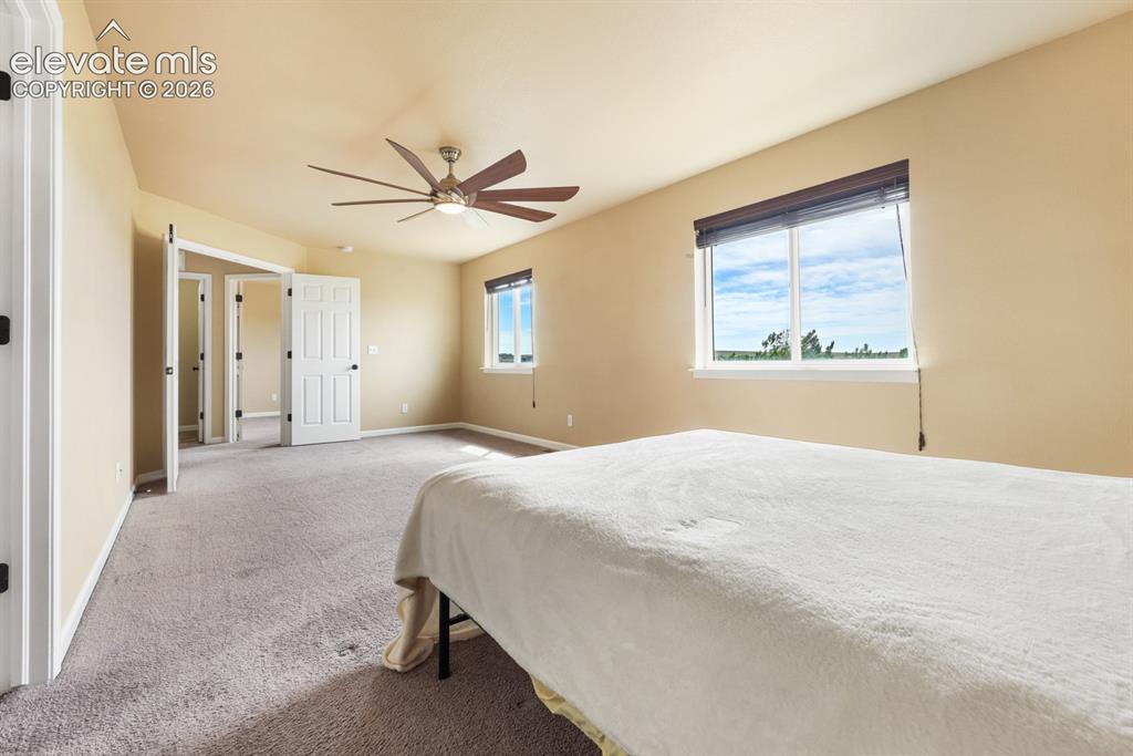 Image 18 of 50: Spacious room featuring neutral-toned walls, gray carpeting, and multiple w
