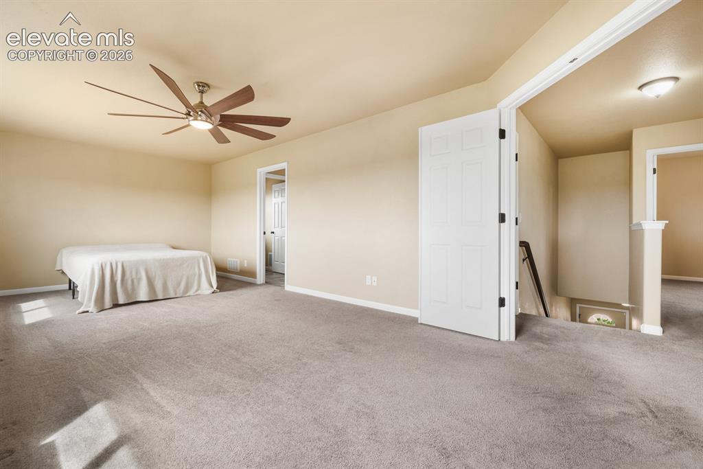 Image 19 of 50: Spacious carpeted room featuring a ceiling fan with light fixture, neutral