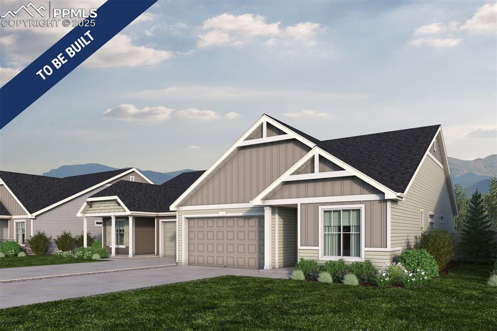 Caption: Craftsman-style home with a front lawn, a mountain view, concrete driveway, an attached garage, and 