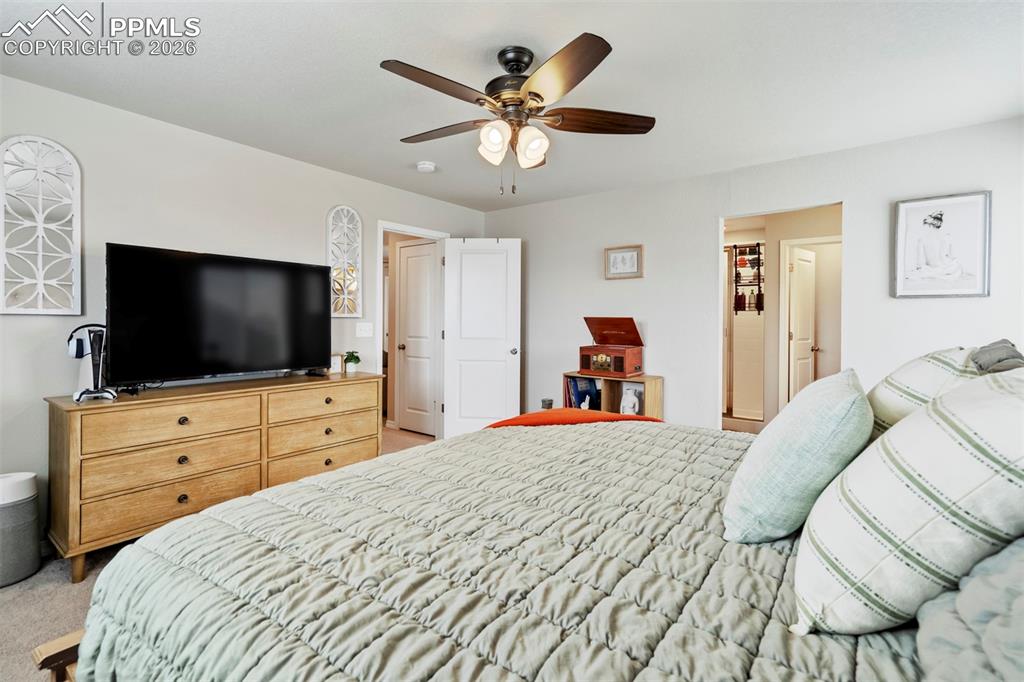 Image 26 of 46: Spacious bedroom featuring light-toned walls and neutral carpet flooring
