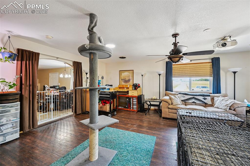 Image 11 of 43: Living room featuring dark wood-type flooring, a textured ceiling, and arch