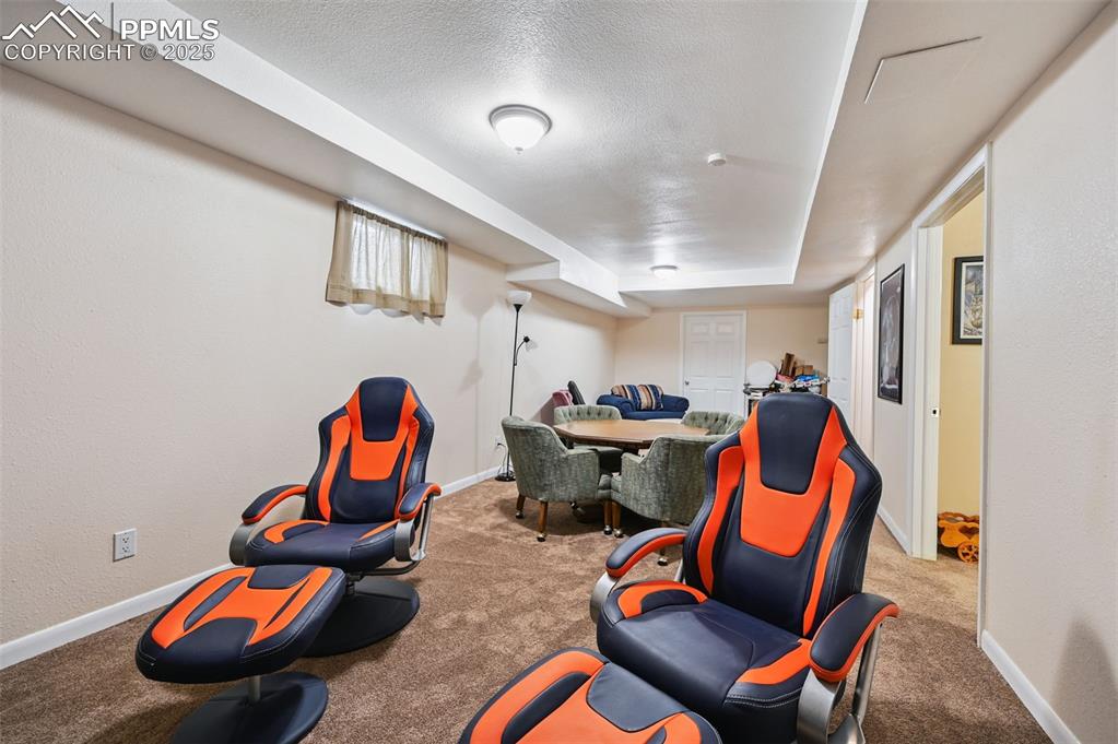 Image 17 of 43: Recreation room featuring a textured ceiling, carpet floors, and a textured