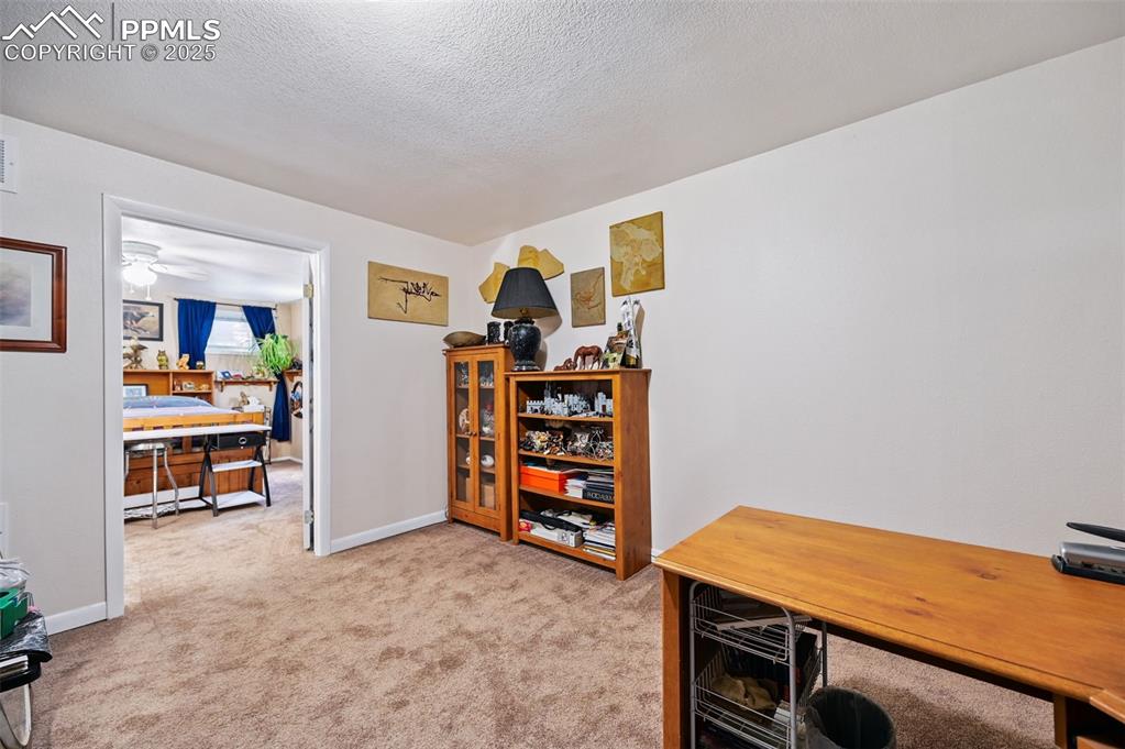 Image 3 of 43: Office space with light carpet, a textured ceiling, and a ceiling fan