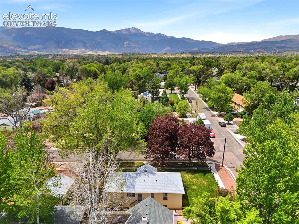 Image 3 of 46: Expansive mountain range backdrop framing a verdant neighborhood with matur