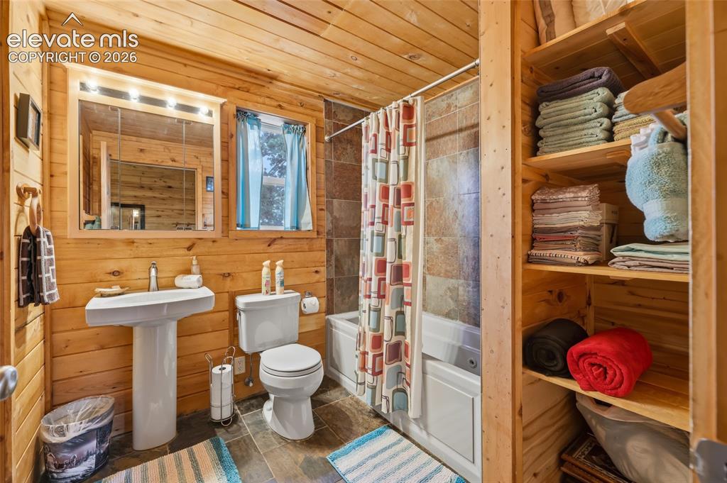 Image 25 of 28: Log cabin structure featuring a bright blue metal roof, an expansive wood d