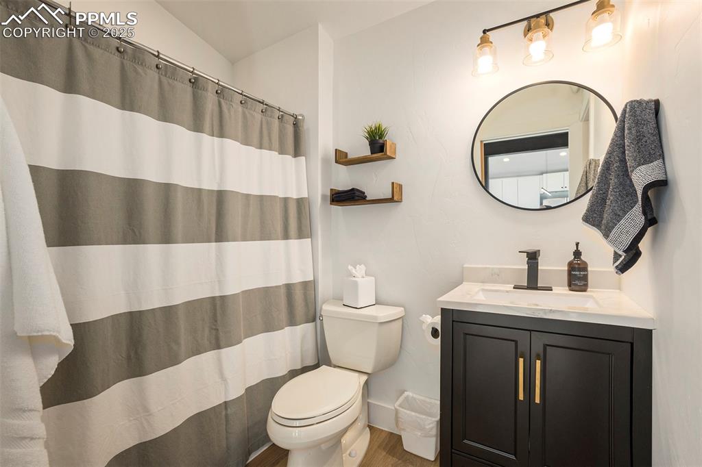 Image 16 of 38: Full bathroom with a shower with shower curtain, vanity, and wood finished
