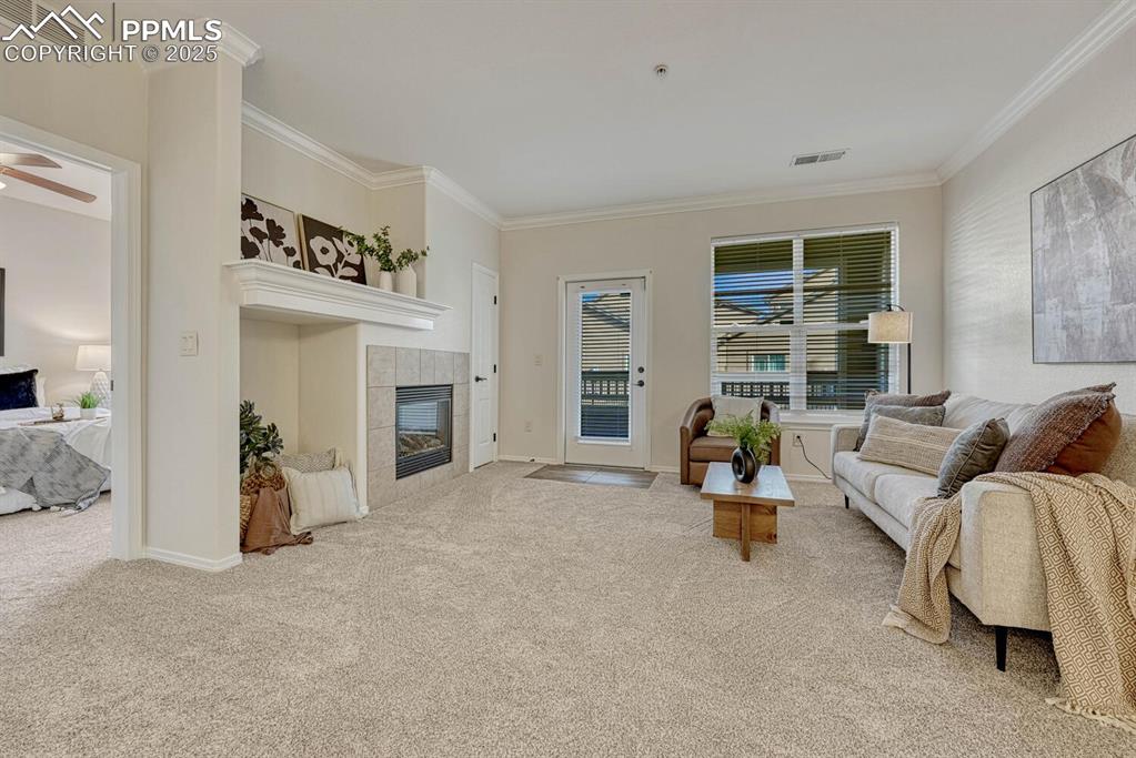 Image 14 of 27: New carpet, new paint, updated lighting, fireplace