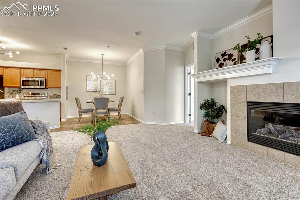 Image 15 of 27: New carpet, new paint, updated lighting, fireplace