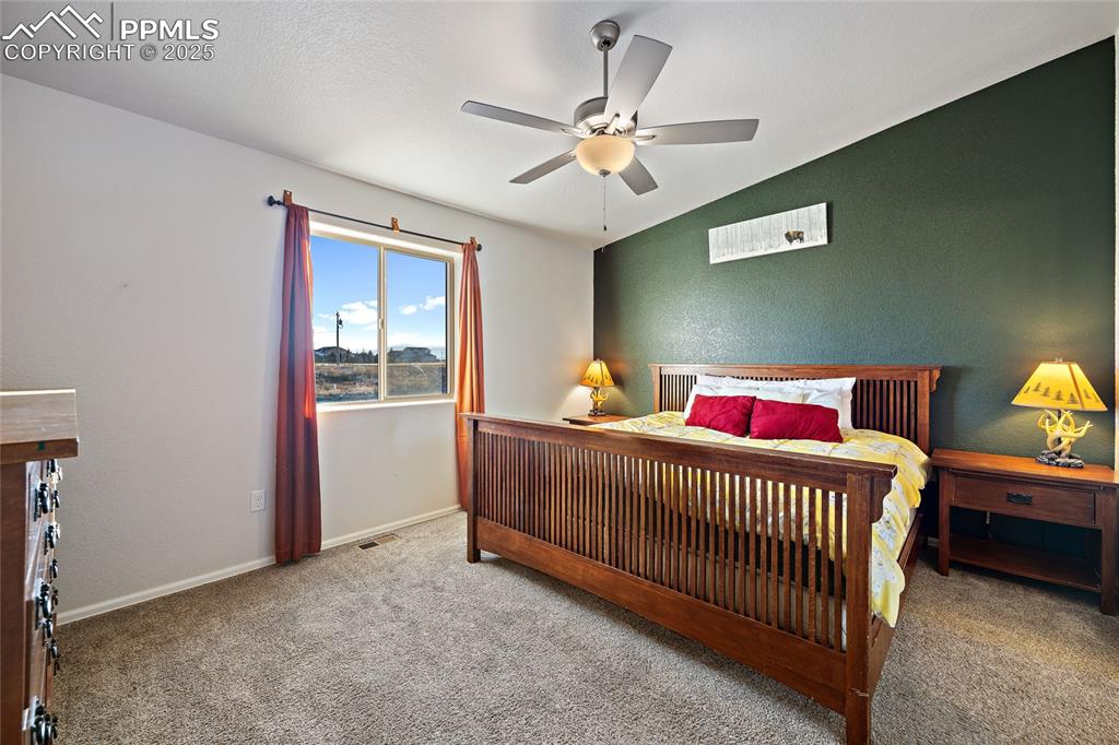 Image 27 of 36: Bedroom featuring a textured wall, carpet floors, ceiling fan, and lofted c