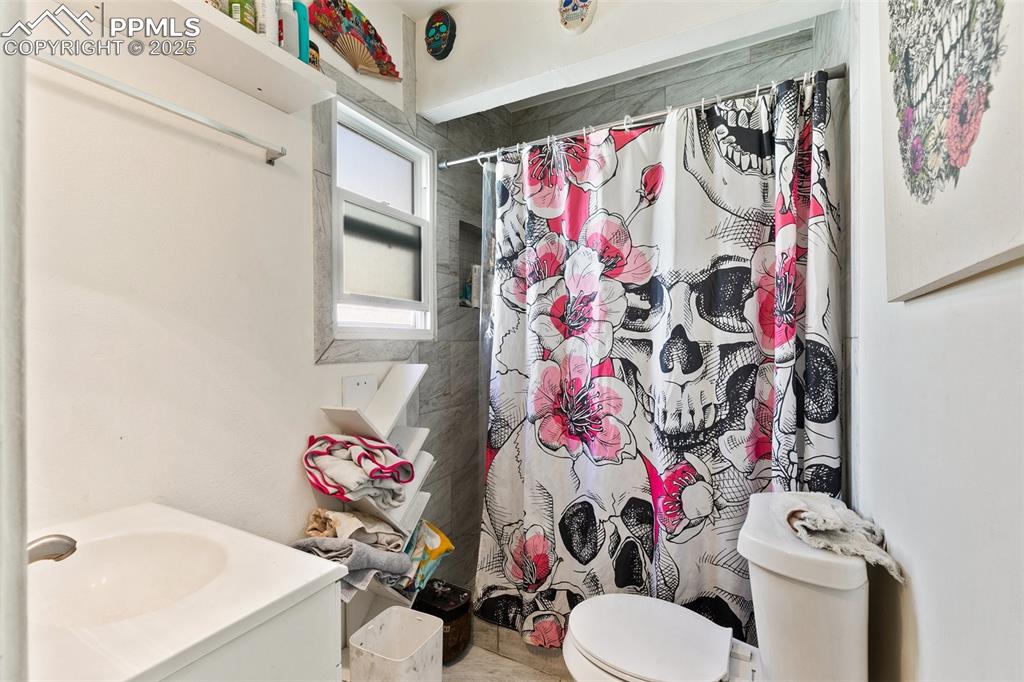 Image 40 of 49: Full bath featuring curtained shower, toilet, and vanity