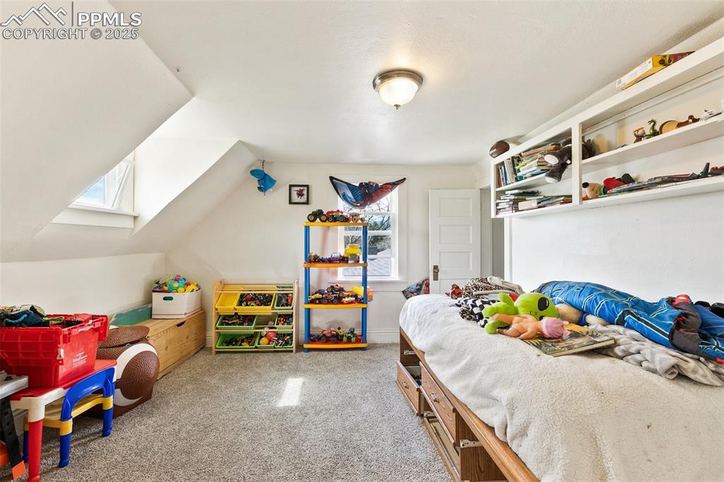 Image 44 of 49: Bedroom featuring lofted ceiling with skylight