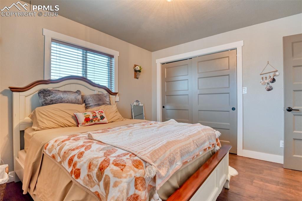 Image 19 of 50: Bedroom with a closet and dark wood finished floors